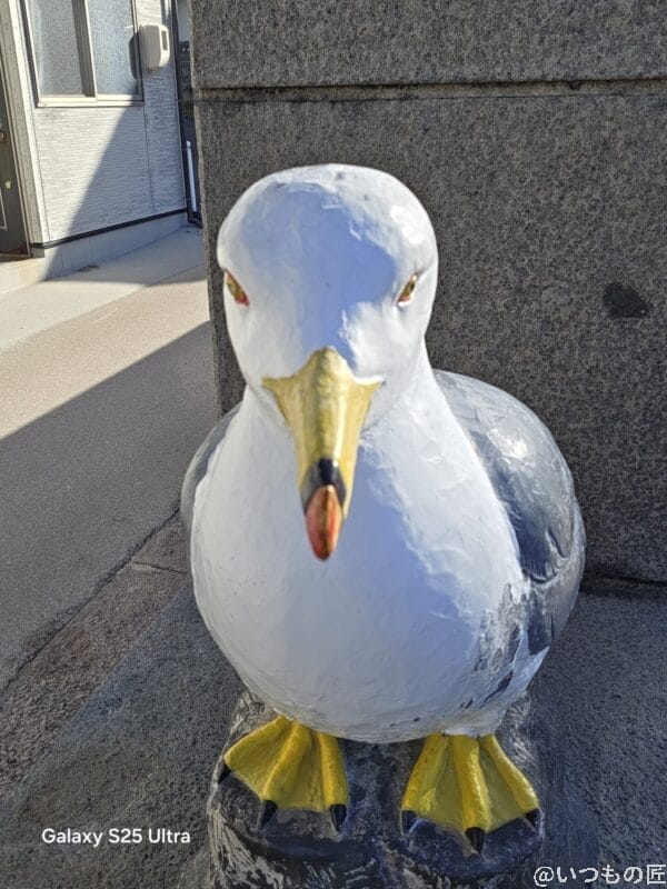 | モバイル比較レビュー.jp Galaxy S25 Ultra カメラ
鳥の銅像を自撮り撮影した一枚